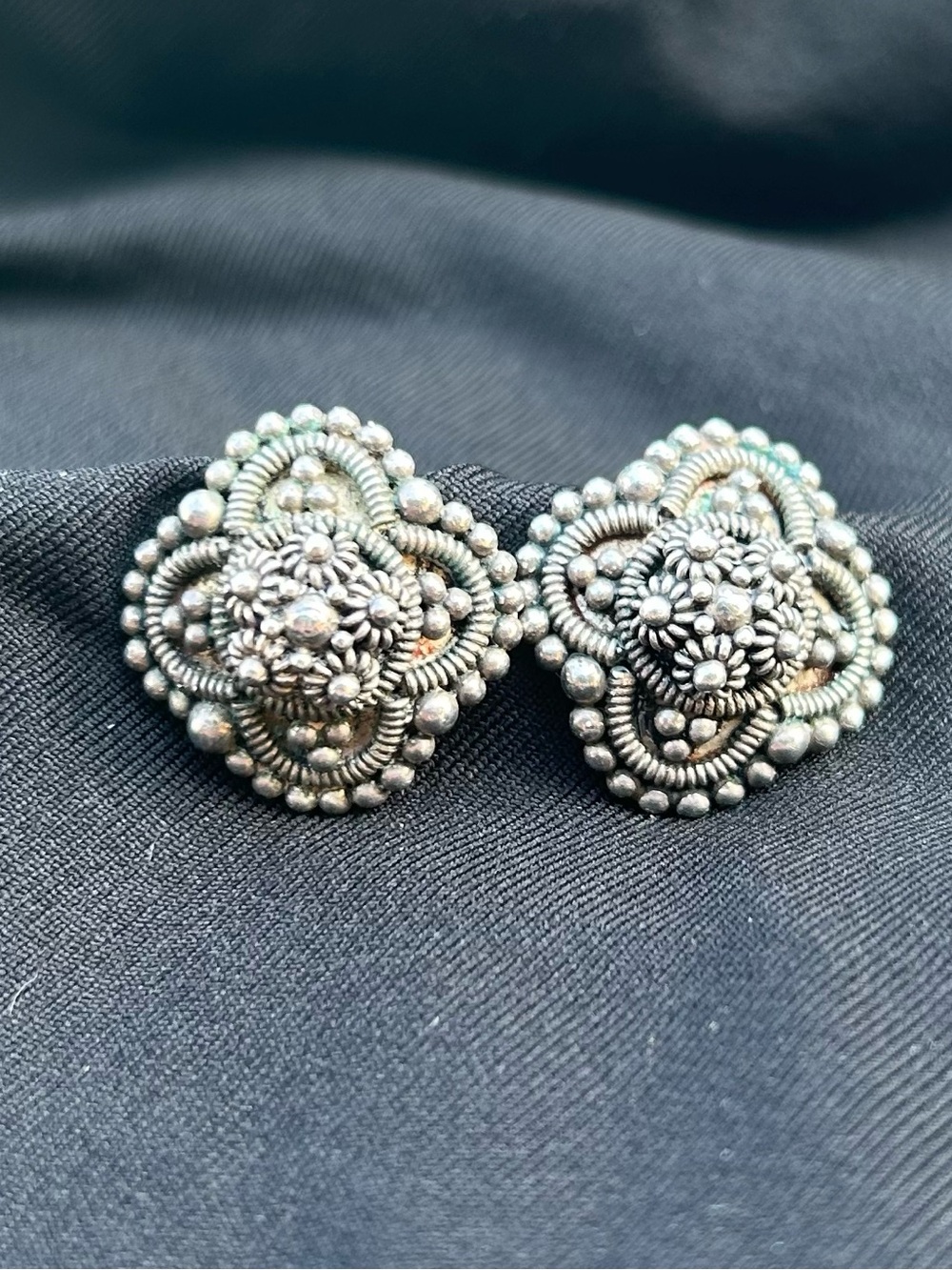 VTG Clip-On Earrings with Intricate Silver-Tone Design. VG Vintage Condition.